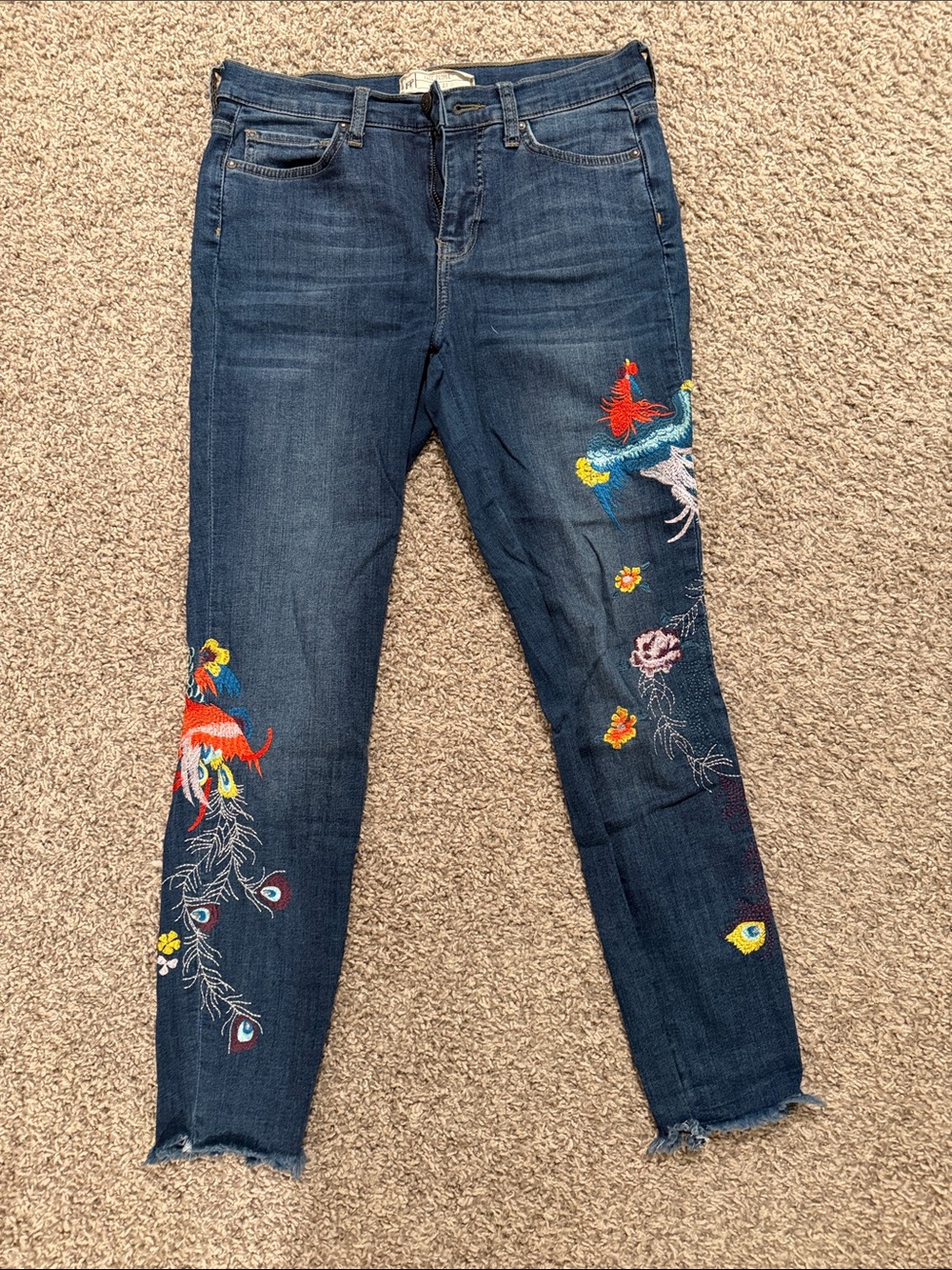 Free People Dark Wash Embroidered Skinny Jeans with Multicolor Motifs